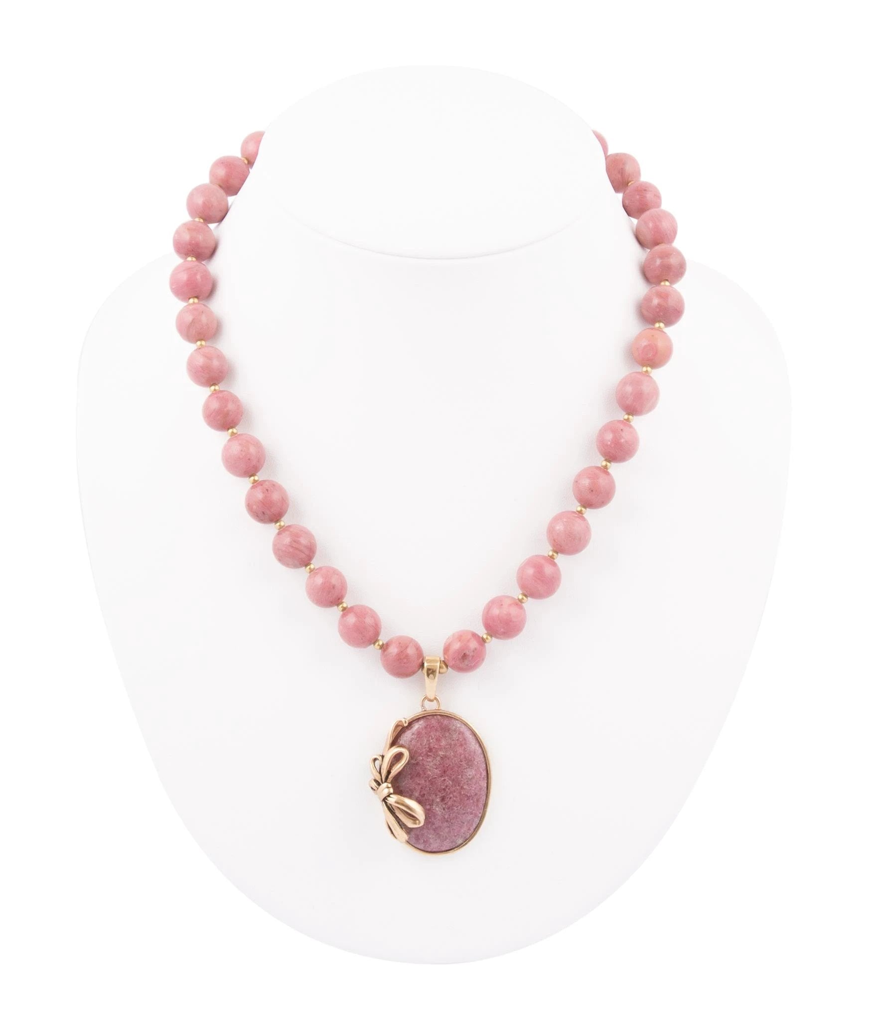 Gifted Pink Rhodonite Gold Bow Beaded Pendant Necklace by Barse Jewelry