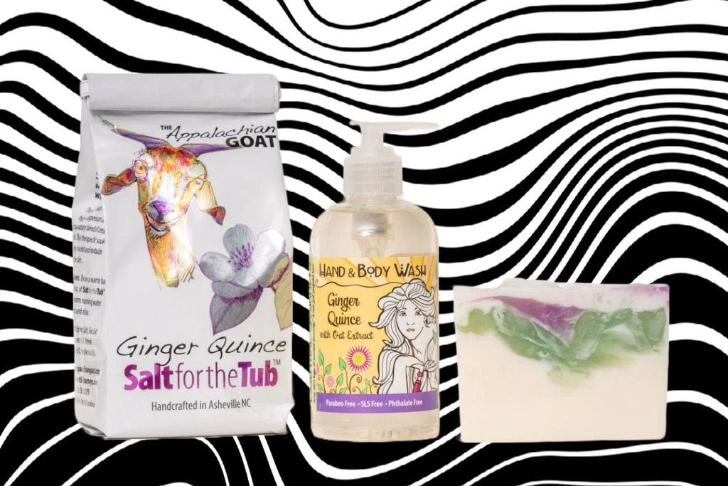 GINGER QUINCE GIFT SET: BATH SALTS, 8 oz LIQUID SOAP & SOAP SLICE by Essential Journeys