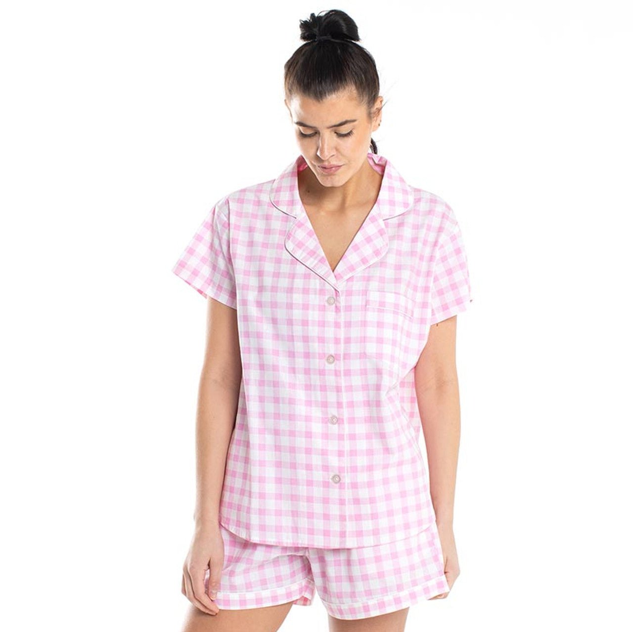 Gingham Pajamas Short Set in Pink | Button Top and Shorts Sleepwear [Sizes SM - L]