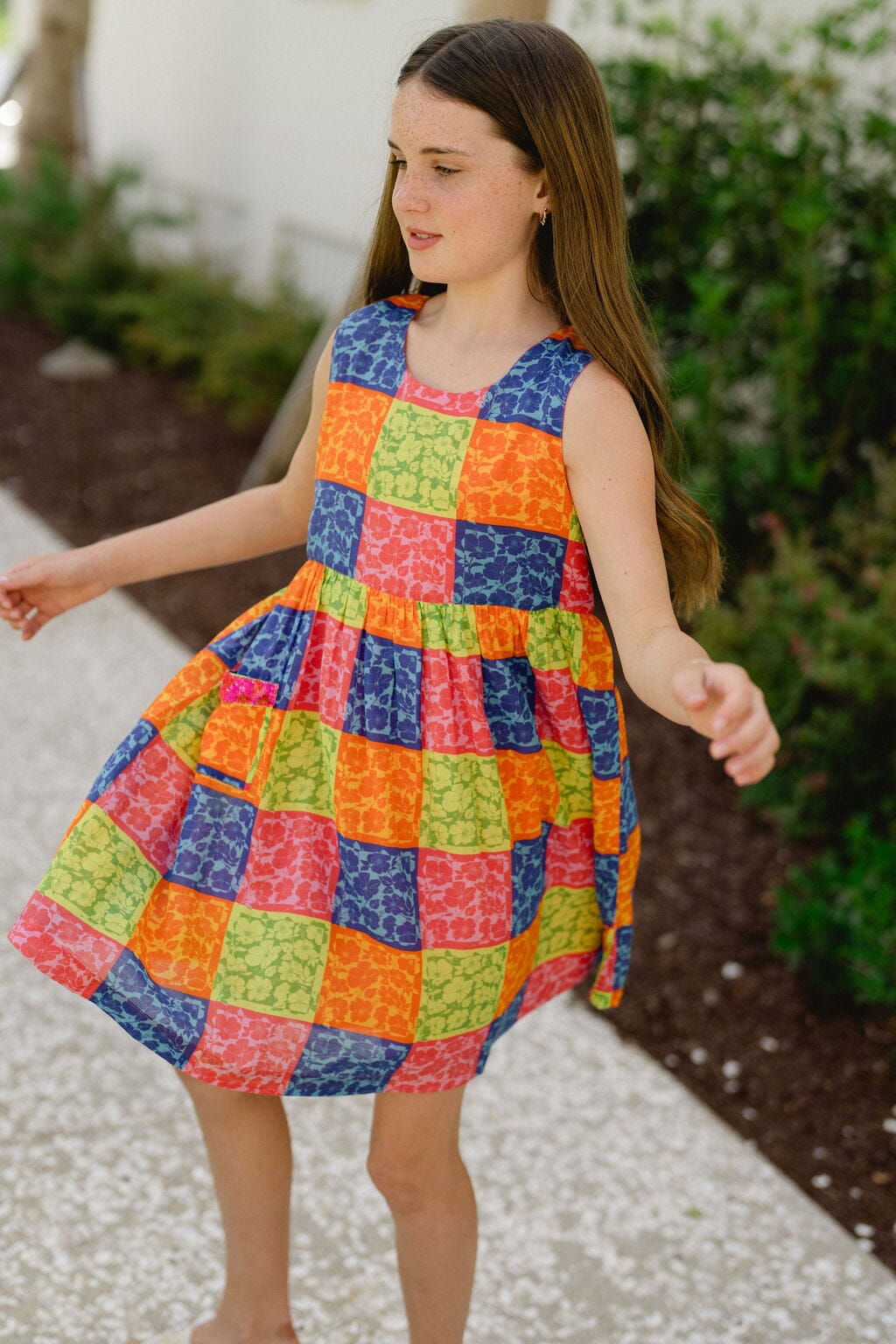 Girls Collins Sequin Pocket Dress - Gingham Floral