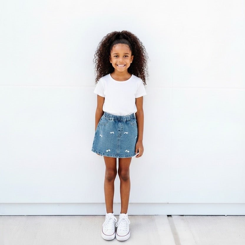 Girls' Denim Bow Skort in Medium Wash Skirt La Vie Bien Girls' Denim Bow Skort in Medium Wash