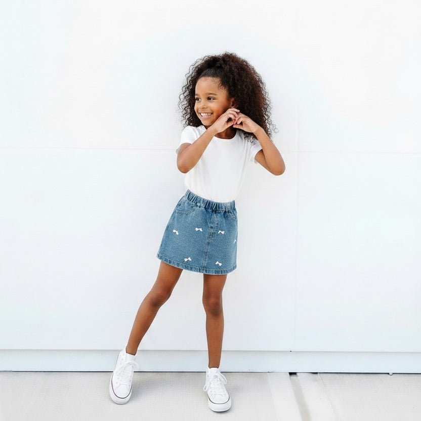 Girls' Denim Bow Skort in Medium Wash Skirt La Vie Bien Girls' Denim Bow Skort in Medium Wash