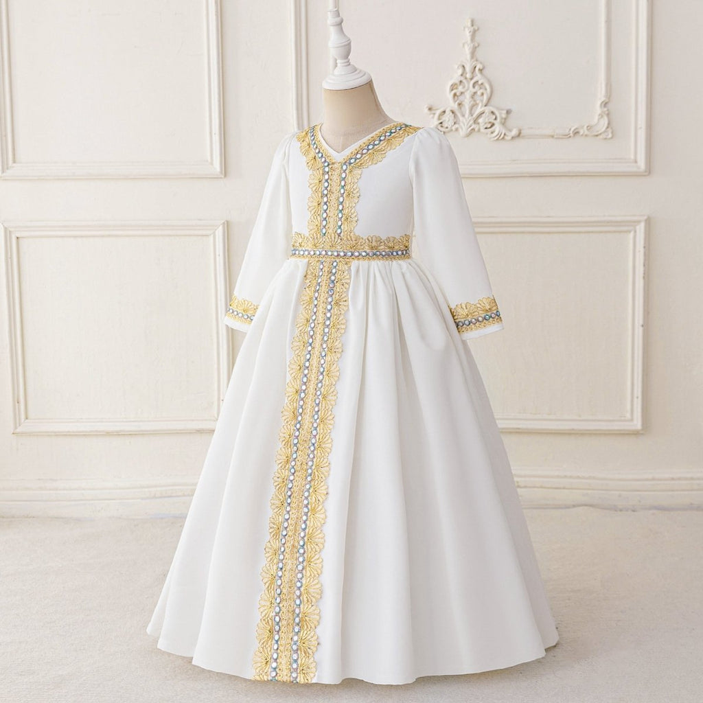Girls Embroidered Kaftan Dress with Jeweled Belt(MKG021) La Vie Bien Girls Embroidered Kaftan Dress with Jeweled Belt(MKG021)