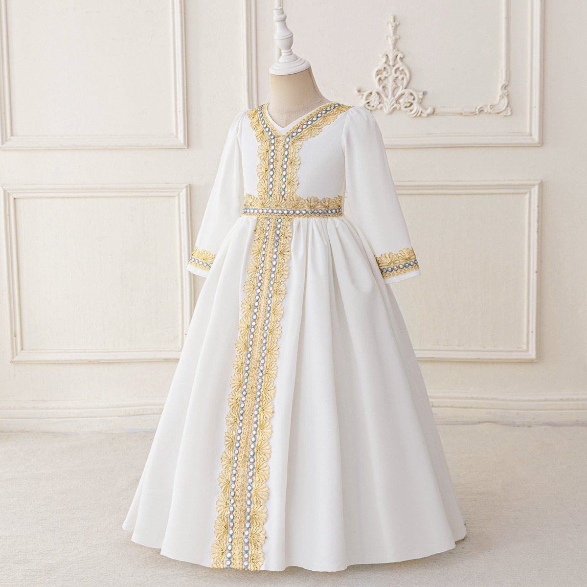 Girls Embroidered Kaftan Dress with Jeweled Belt(MKG021) La Vie Bien Girls Embroidered Kaftan Dress with Jeweled Belt(MKG021)