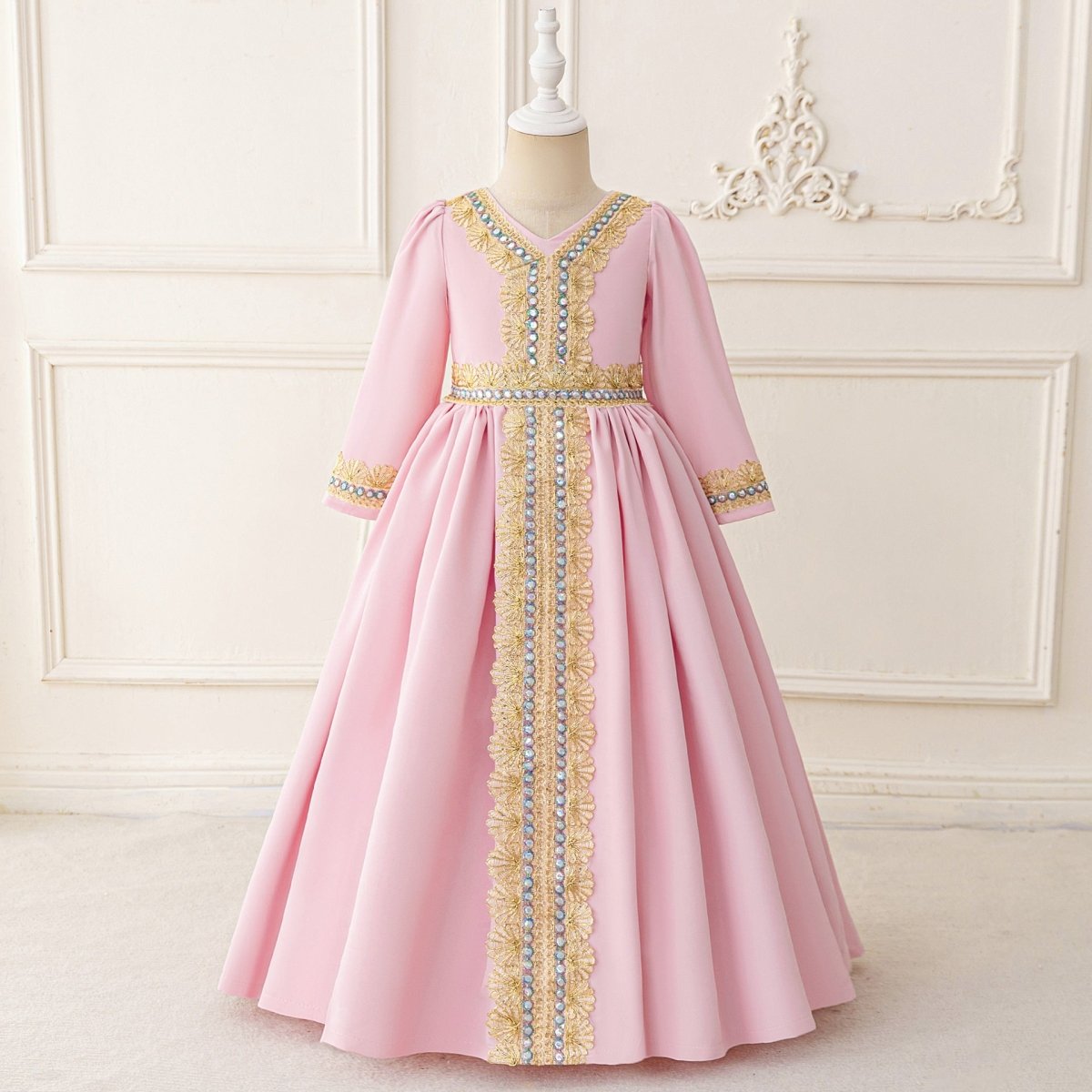 Girls Embroidered Kaftan Dress with Jeweled Belt(MKG021) La Vie Bien Girls Embroidered Kaftan Dress with Jeweled Belt(MKG021)
