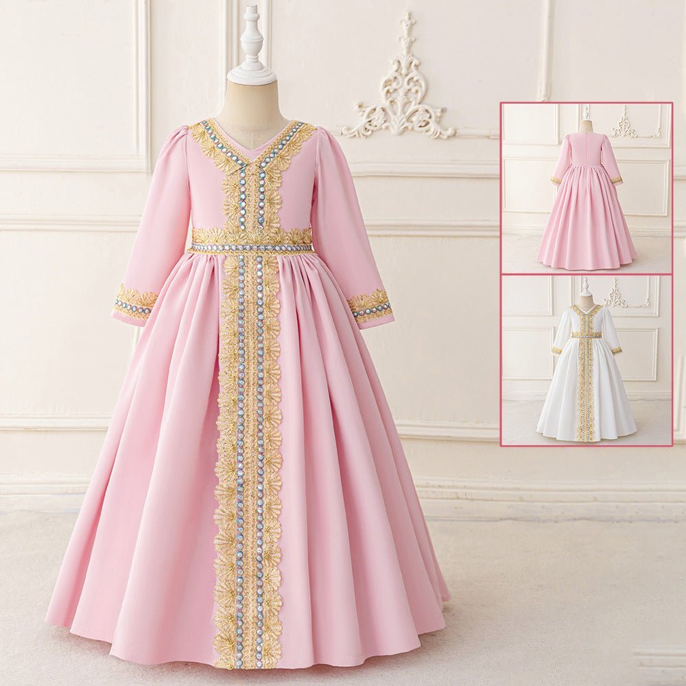 Girls Embroidered Kaftan Dress with Jeweled Belt(MKG021) La Vie Bien Girls Embroidered Kaftan Dress with Jeweled Belt(MKG021)