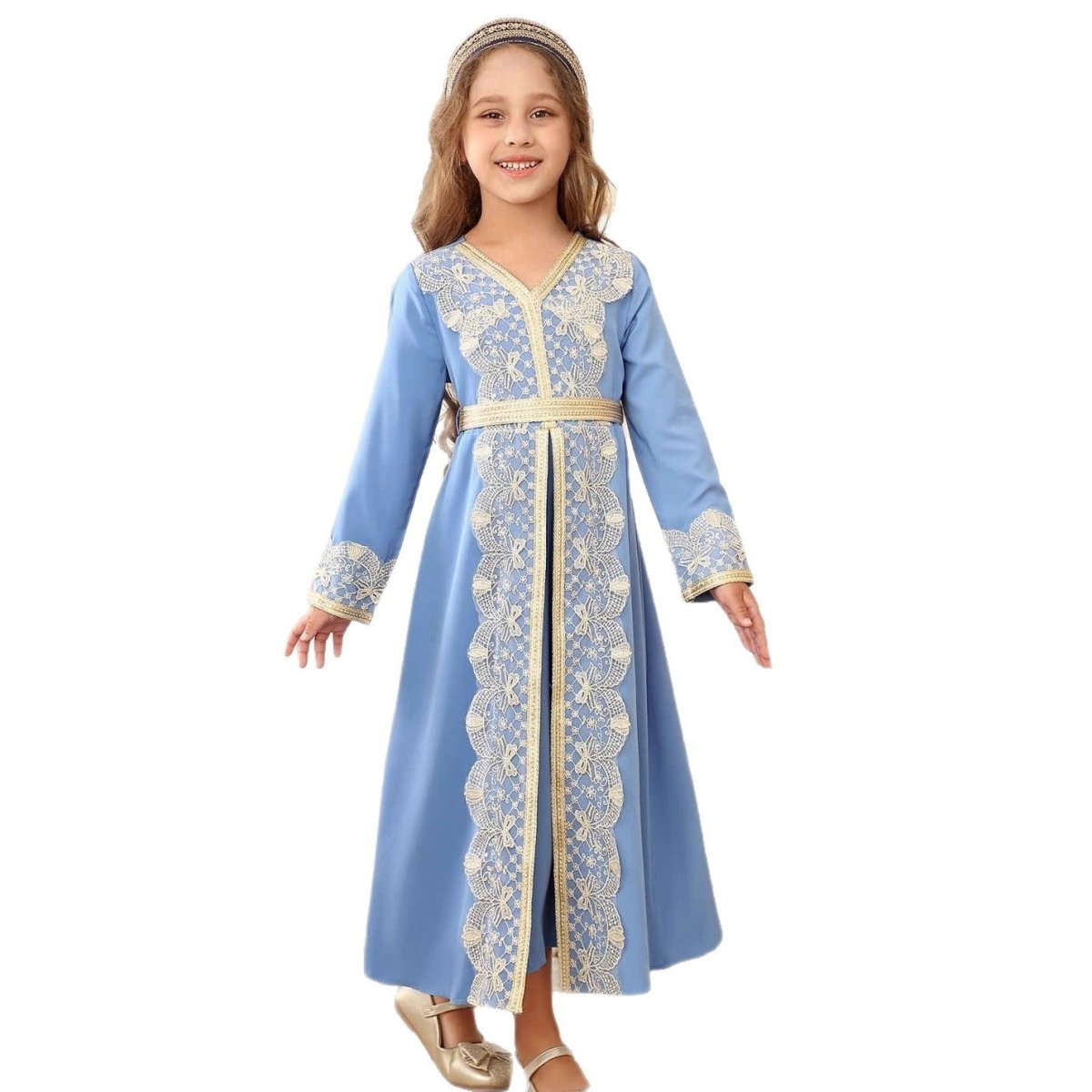 Girls Lace Trim Kaftan Dress | Elegant Kids Formal Abaya(MKG018) La Vie Bien Girls Lace Trim Kaftan Dress | Elegant Kids Formal Abaya(MKG018)