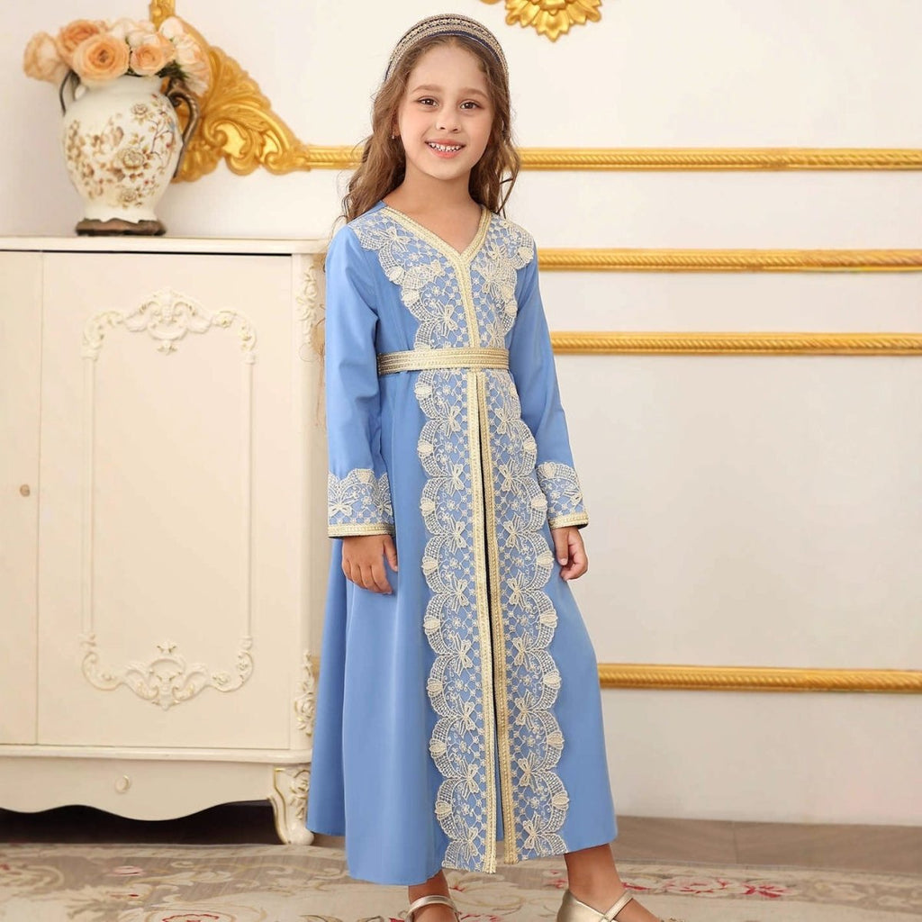Girls Lace Trim Kaftan Dress | Elegant Kids Formal Abaya(MKG018) La Vie Bien Girls Lace Trim Kaftan Dress | Elegant Kids Formal Abaya(MKG018)