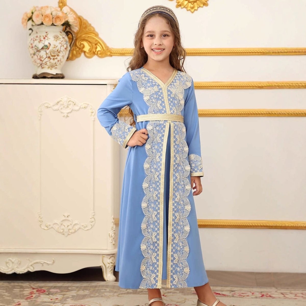 Girls Lace Trim Kaftan Dress | Elegant Kids Formal Abaya(MKG018) La Vie Bien Girls Lace Trim Kaftan Dress | Elegant Kids Formal Abaya(MKG018)