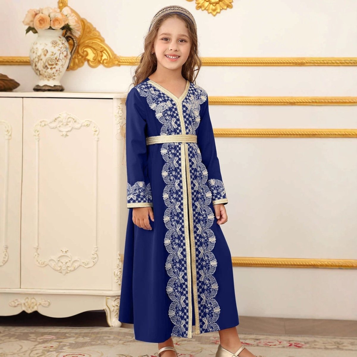 Girls Lace Trim Kaftan Dress | Elegant Kids Formal Abaya(MKG018) La Vie Bien Girls Lace Trim Kaftan Dress | Elegant Kids Formal Abaya(MKG018)