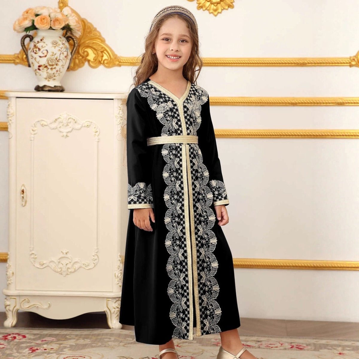 Girls Lace Trim Kaftan Dress | Elegant Kids Formal Abaya(MKG018) La Vie Bien Girls Lace Trim Kaftan Dress | Elegant Kids Formal Abaya(MKG018)