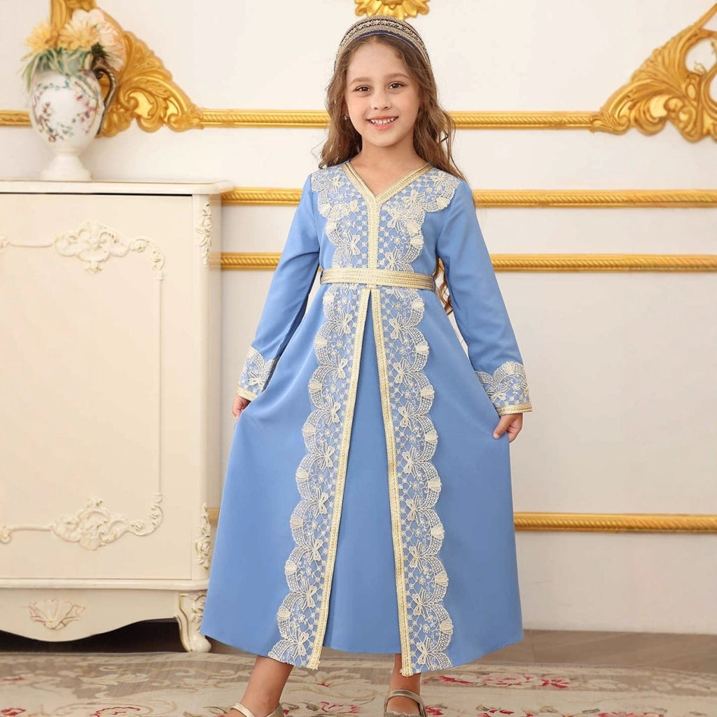 Girls Lace Trim Kaftan Dress | Elegant Kids Formal Abaya(MKG018) La Vie Bien Girls Lace Trim Kaftan Dress | Elegant Kids Formal Abaya(MKG018)