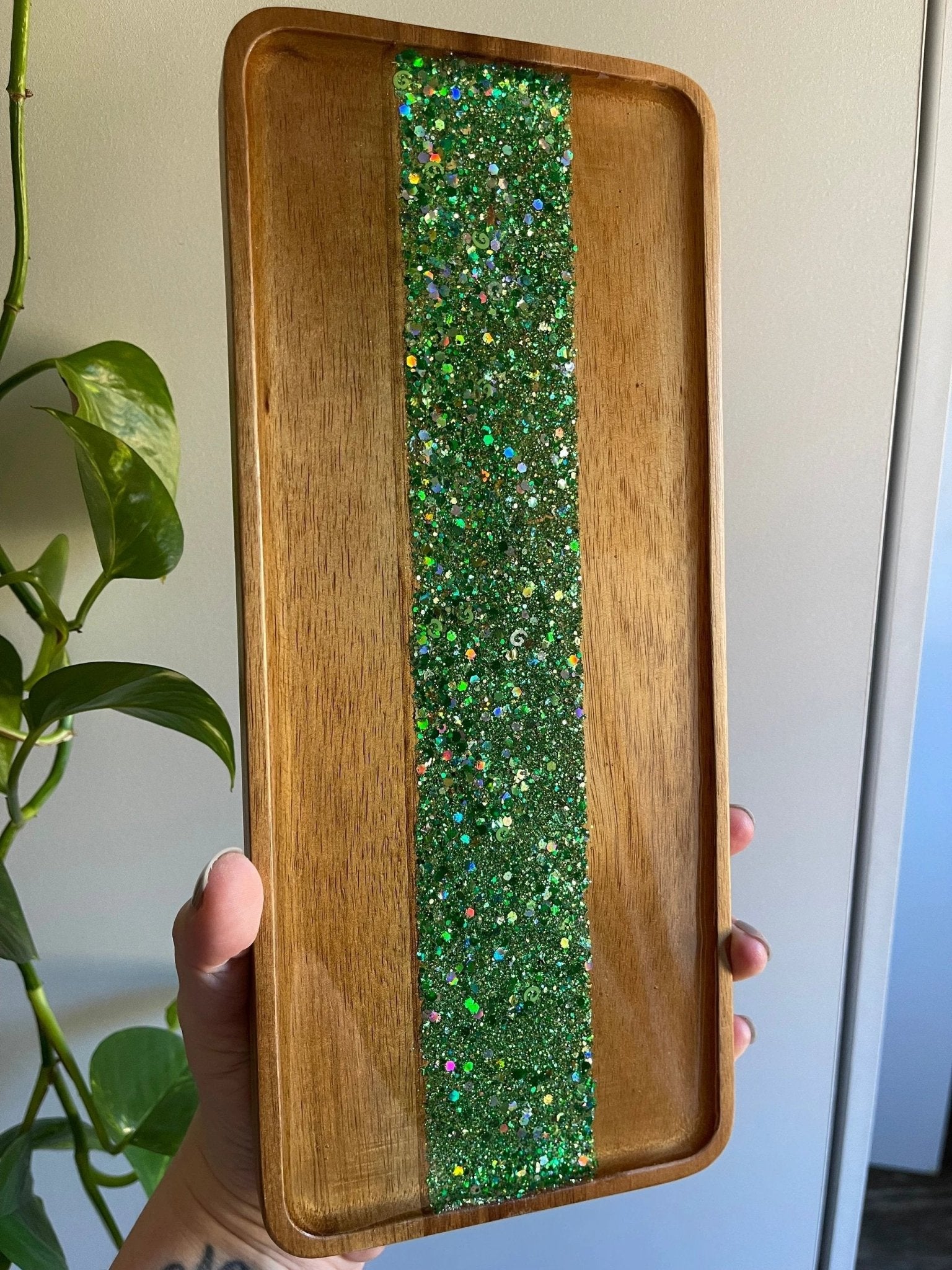 Glitterwhore Broccoli Small Rectangular Acacia Wood Tray by Bespattered Facade