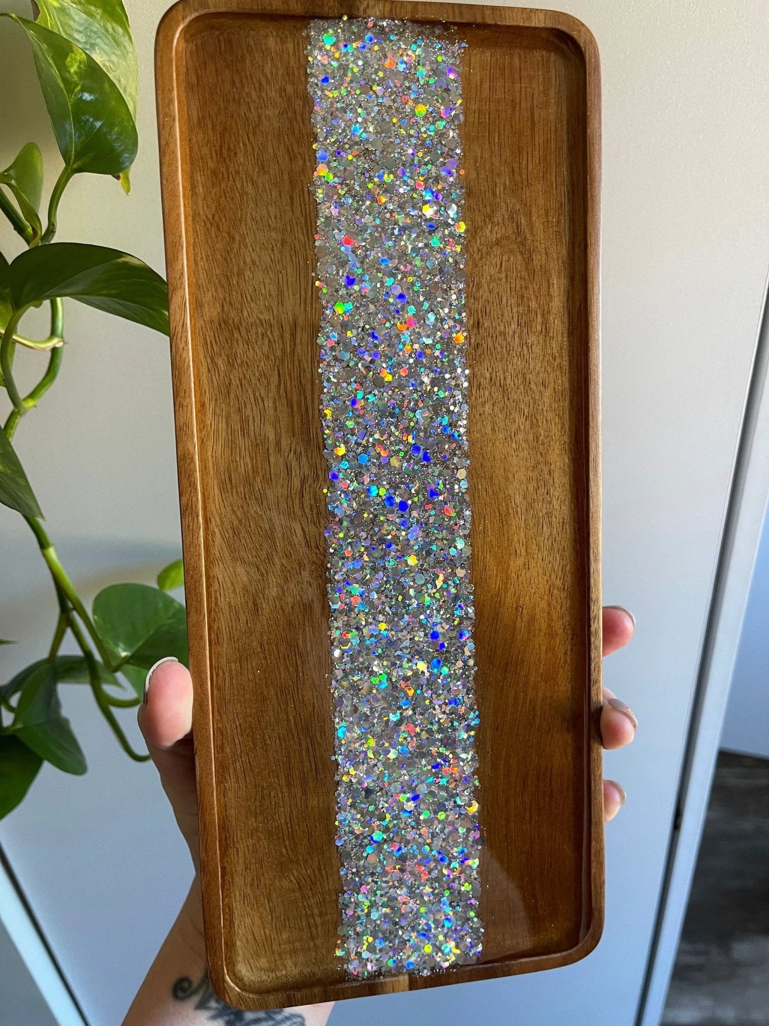 Glitterwhore Iridescent Rainbow Small Rectangular Acacia Wood Tray by Bespattered Facade