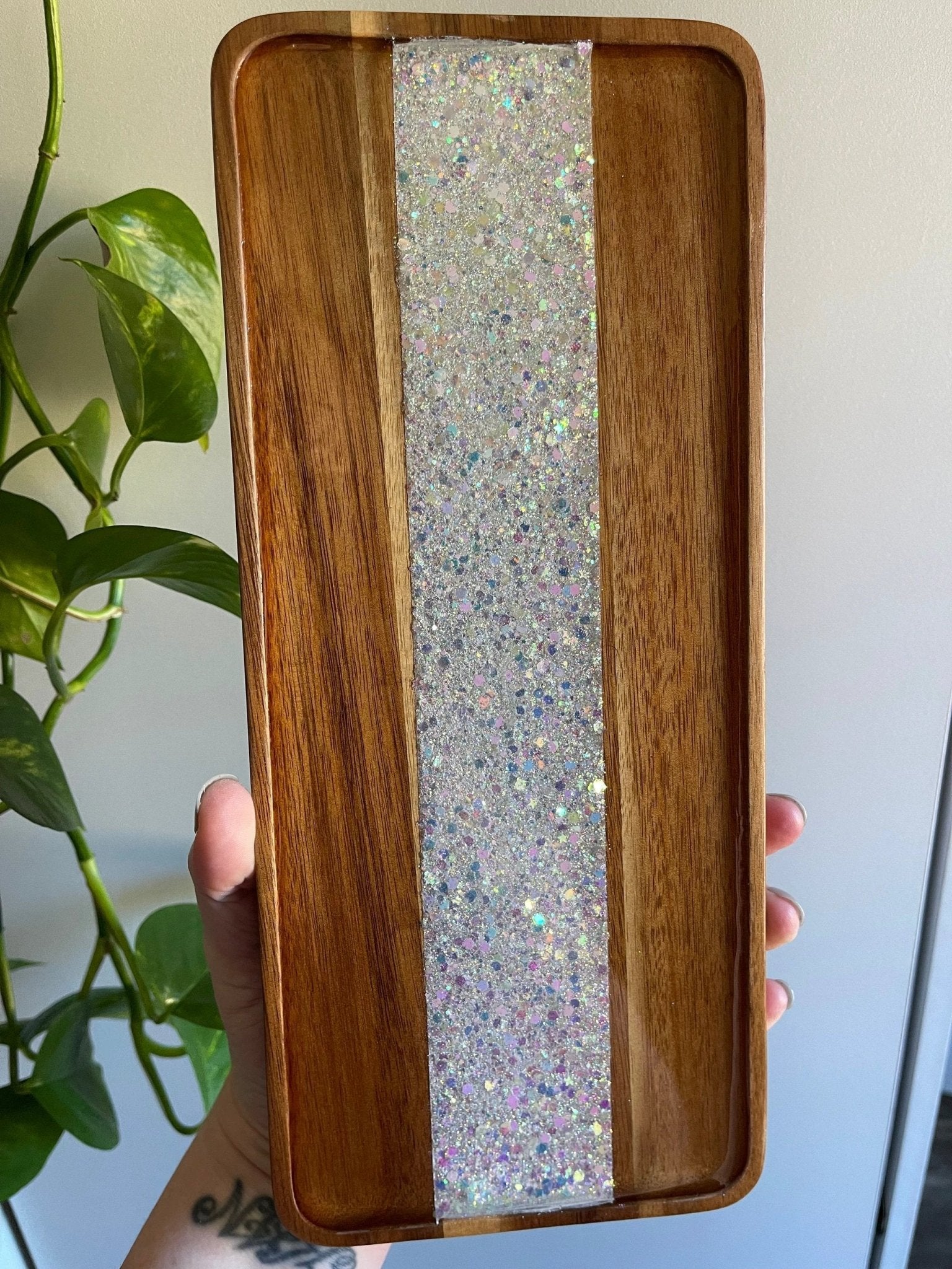 Glitterwhore Opulent Opal Small Rectangular Acacia Wood Tray by Bespattered Facade