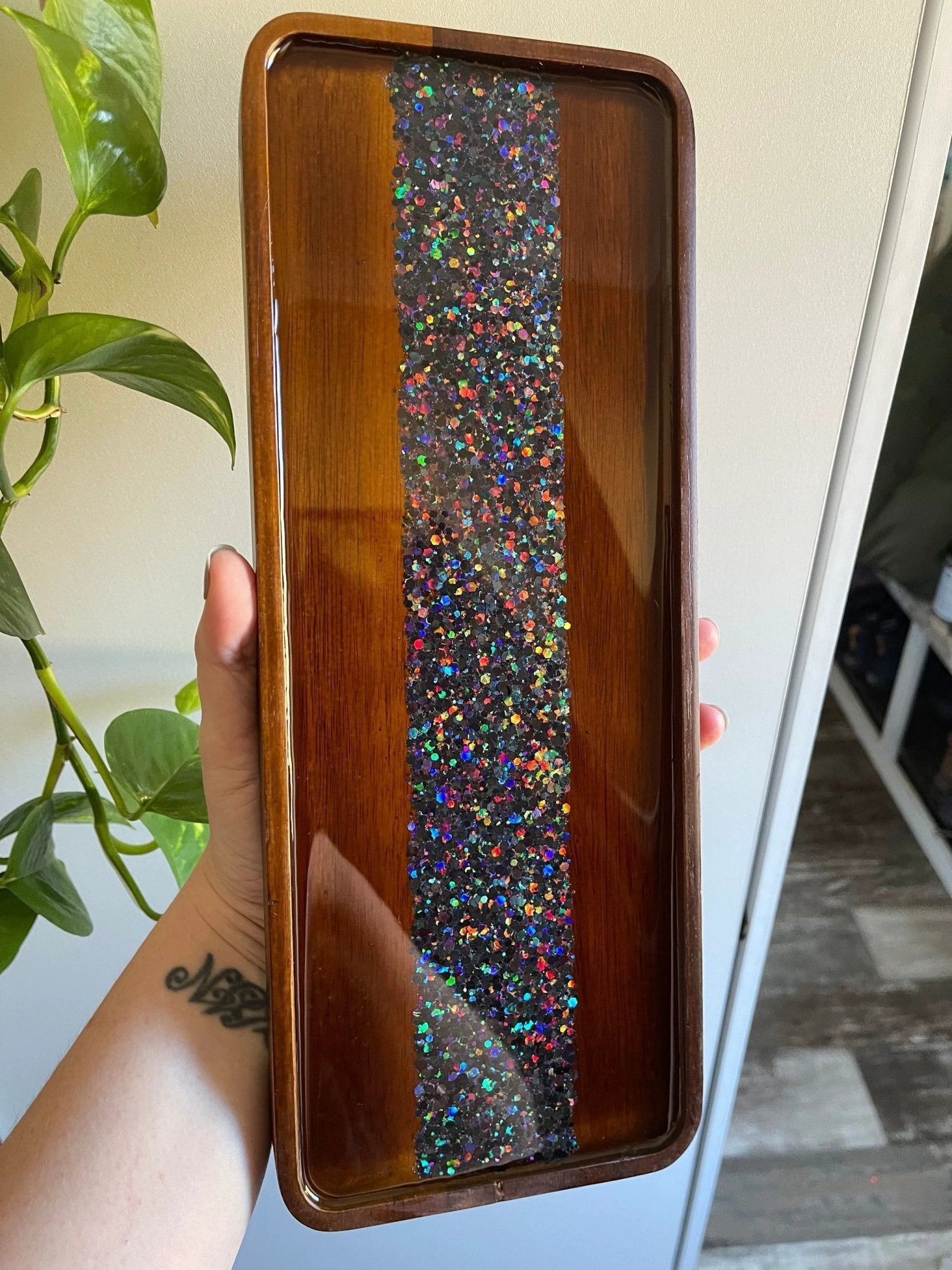 Glitterwhore Rainbow Darkness Medium Rectangular Acacia Wood Tray by Bespattered Facade