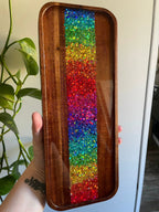 Glitterwhore Rainbow Medium Rectangular Acacia Wood Tray by Bespattered Facade