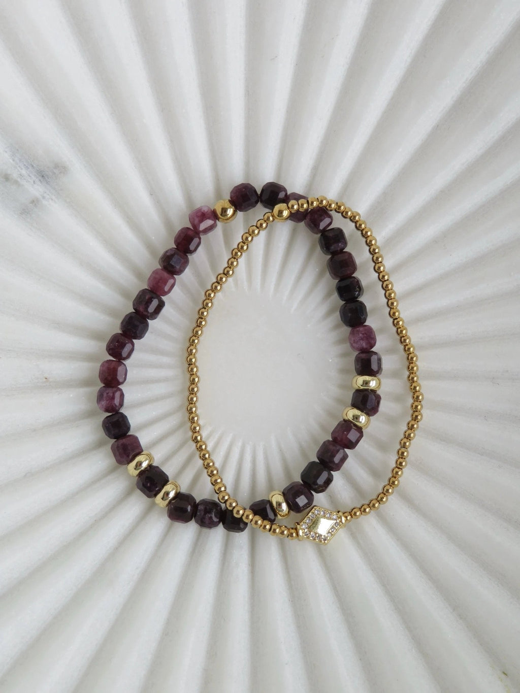 Gold Beaded Crystal Bracelet Stack - Set of 2 Waterproof Non - Tarnish