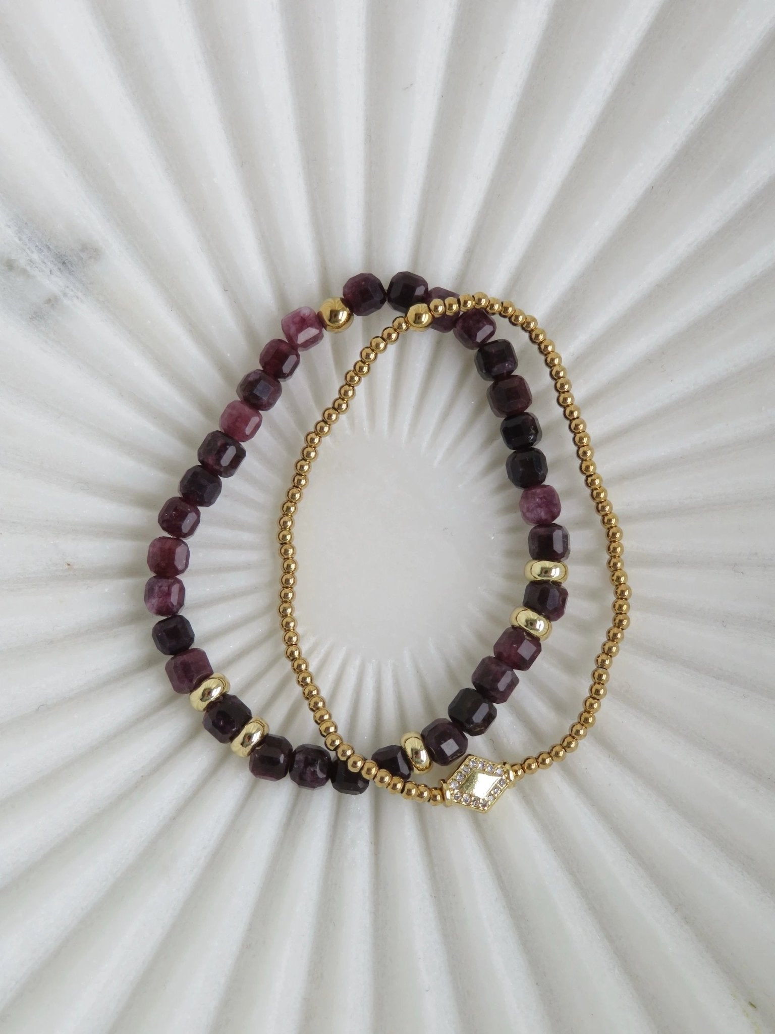 Gold Beaded Crystal Bracelet Stack - Set of 2 Waterproof Non - Tarnish