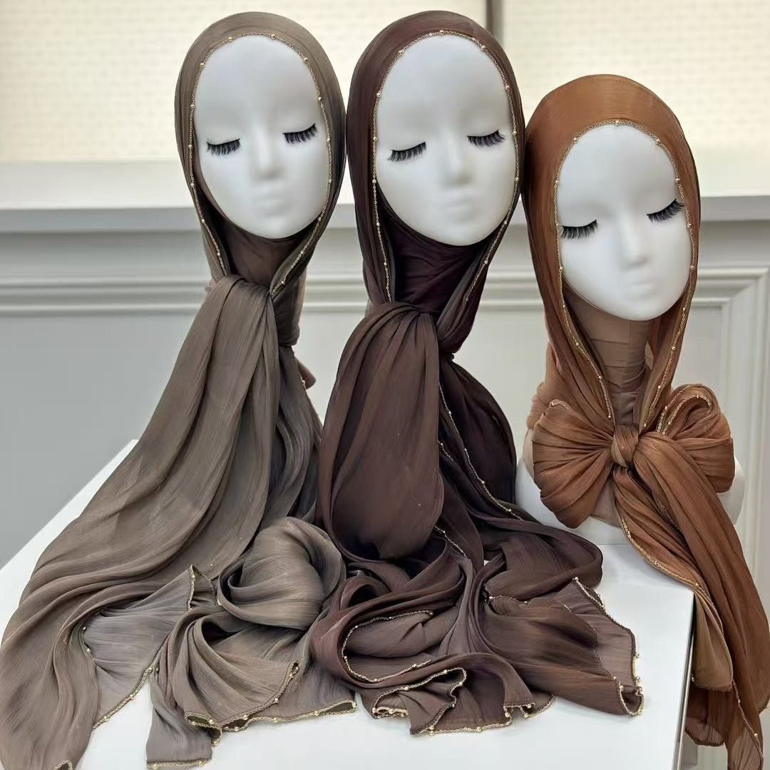 Gold Chain Beaded Edge Crinkle Satin Hijab(MH238) La Vie Bien Gold Chain Beaded Edge Crinkle Satin Hijab(MH238)