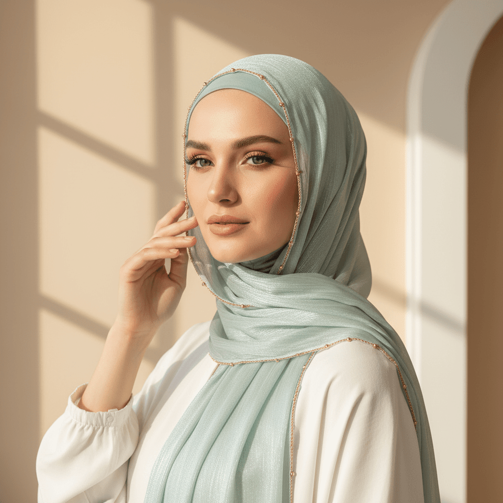 Gold Chain Beaded Edge Crinkle Satin Hijab(MH238) La Vie Bien Gold Chain Beaded Edge Crinkle Satin Hijab(MH238)