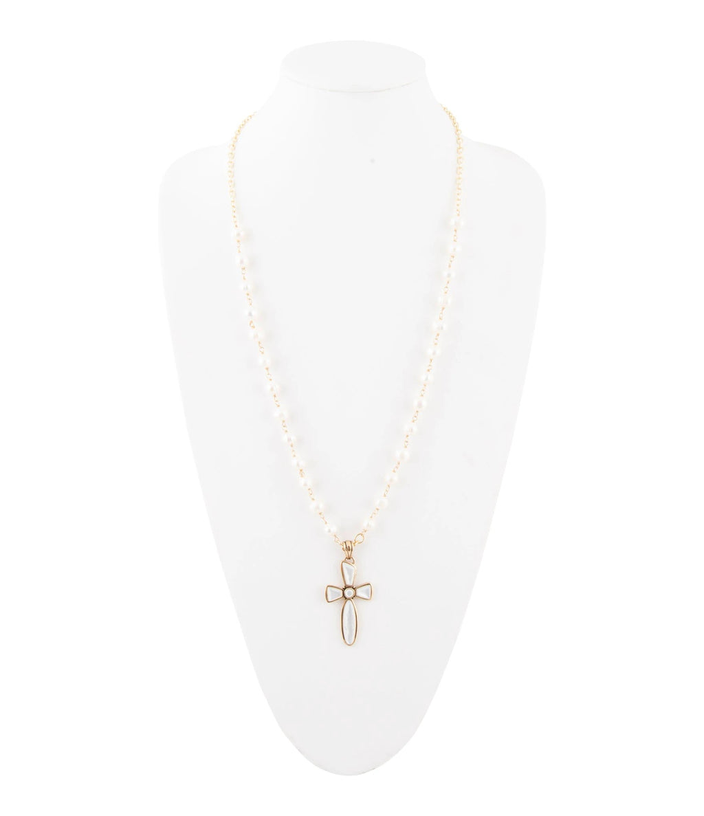 Las Cruces White Pearl Cross Pendant Necklace by Barse Jewelry