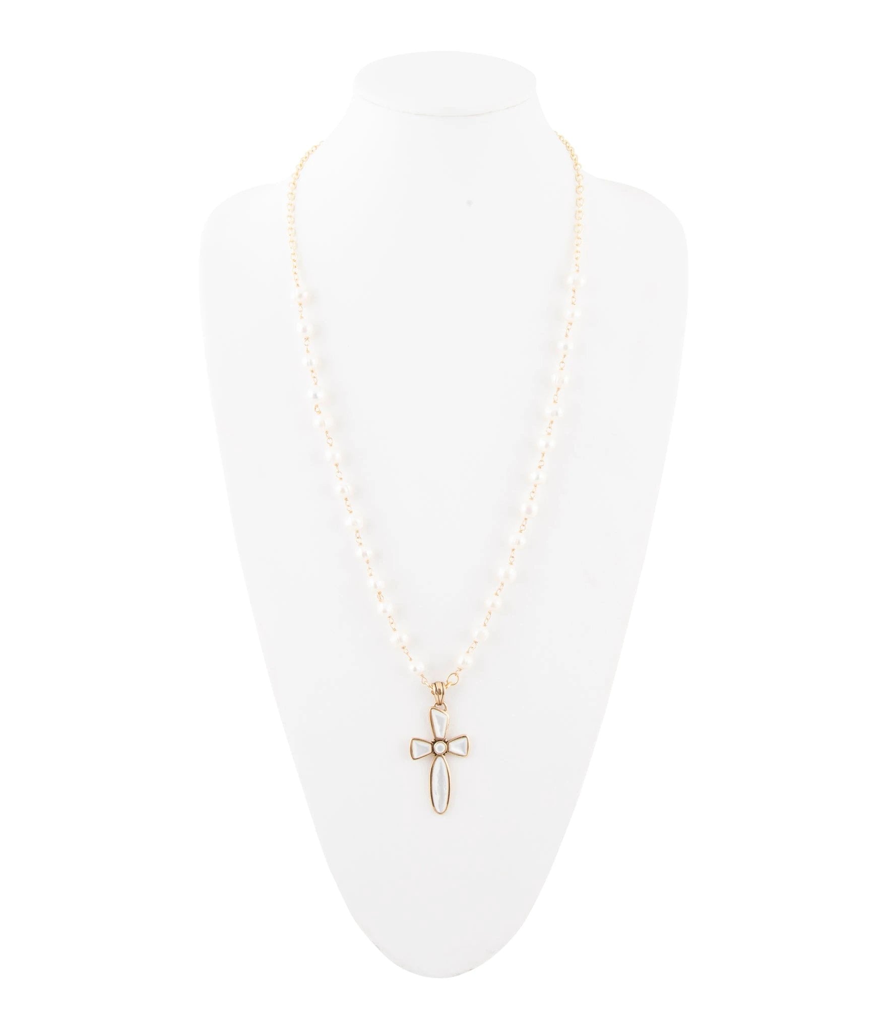 Las Cruces White Pearl Cross Pendant Necklace by Barse Jewelry
