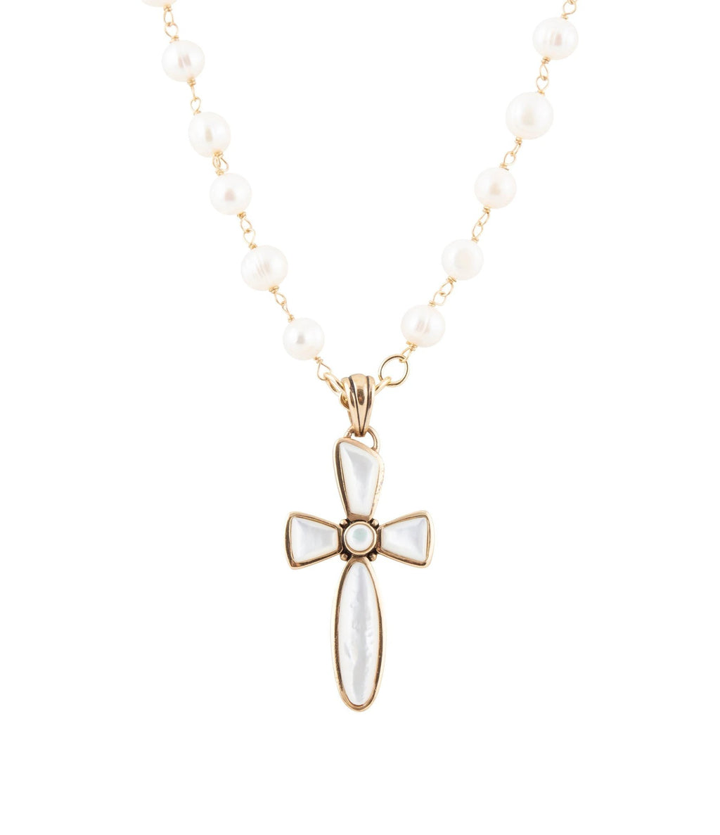 Las Cruces White Pearl Cross Pendant Necklace by Barse Jewelry