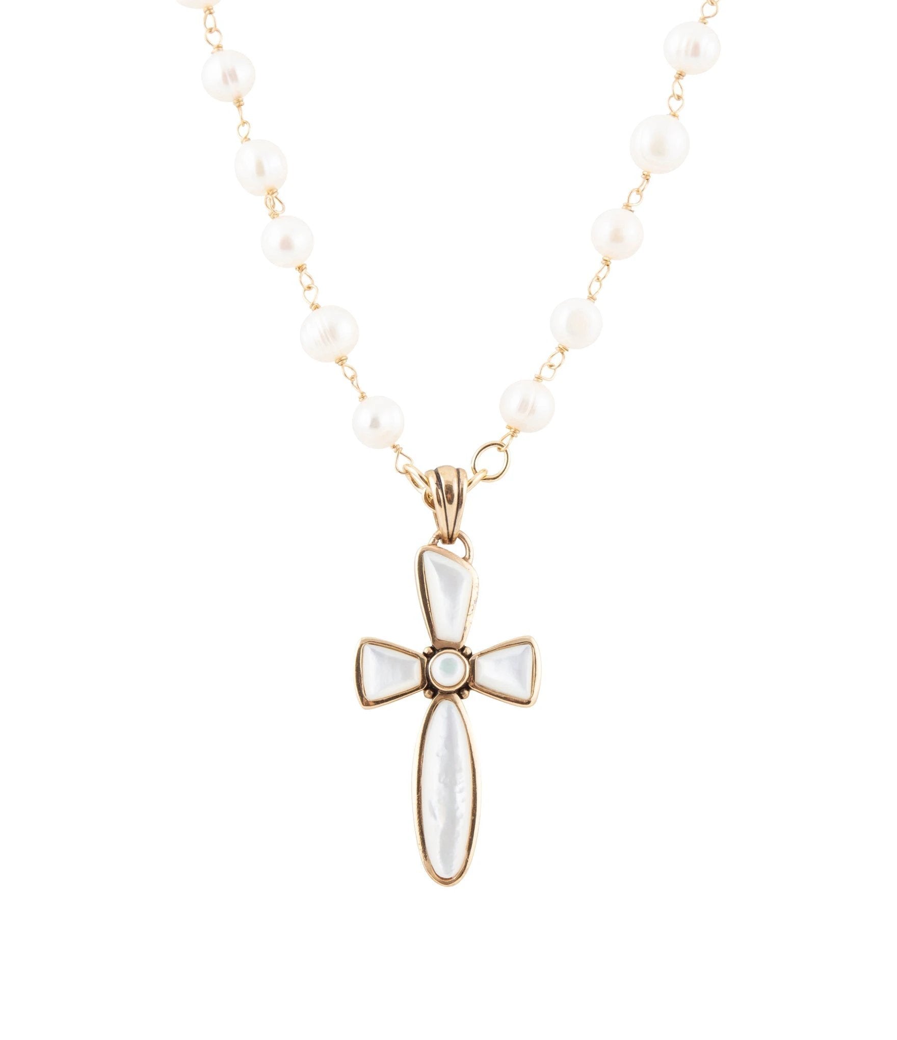 Las Cruces White Pearl Cross Pendant Necklace by Barse Jewelry