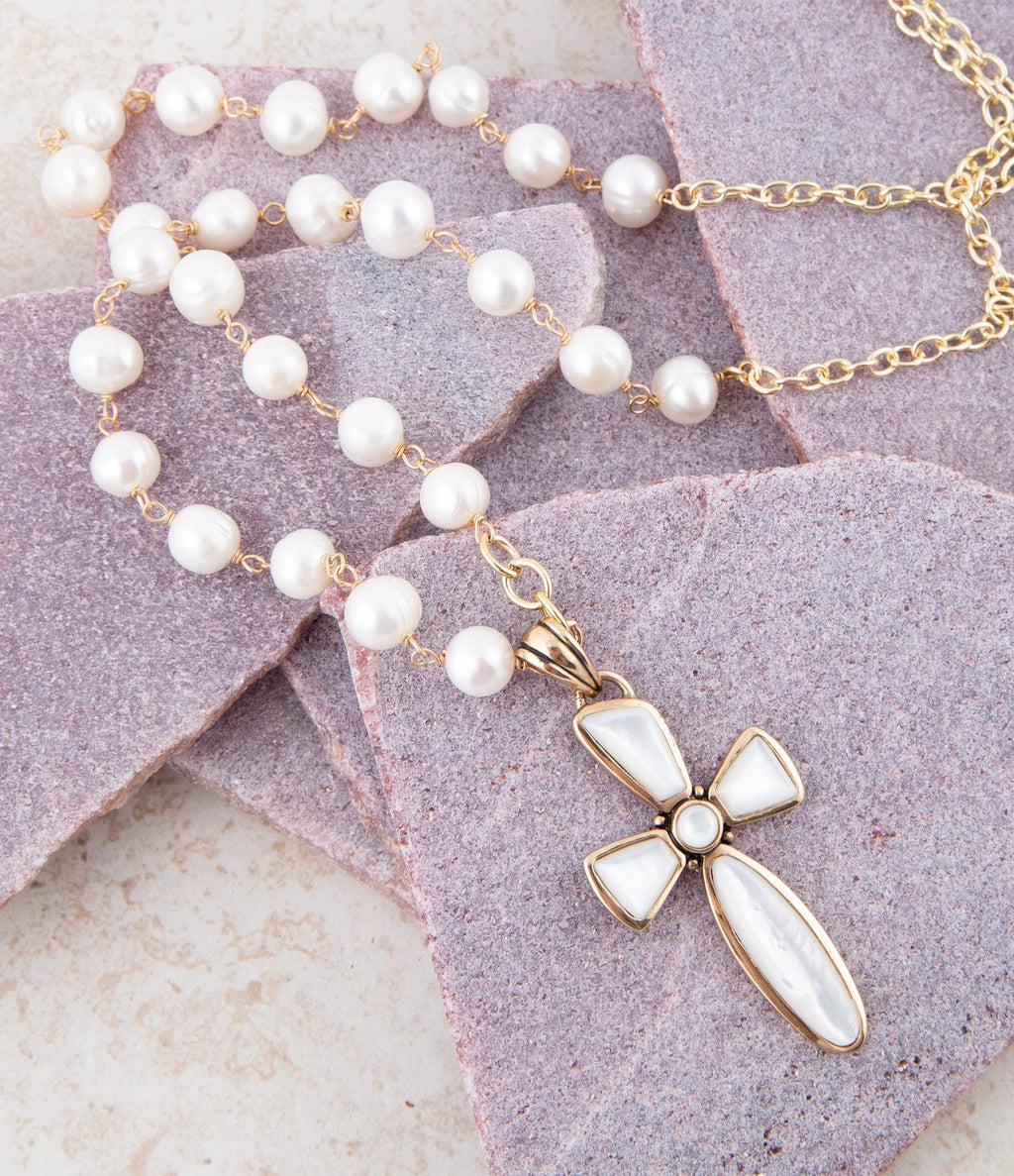 Las Cruces White Pearl Cross Pendant Necklace by Barse Jewelry
