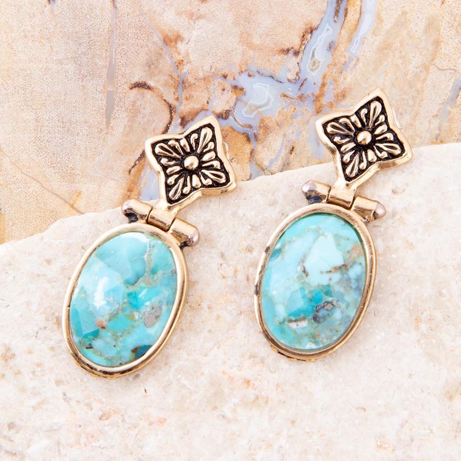 Golden Flower and Blue Turquoise Drop Earrings by Barse Jewelry
