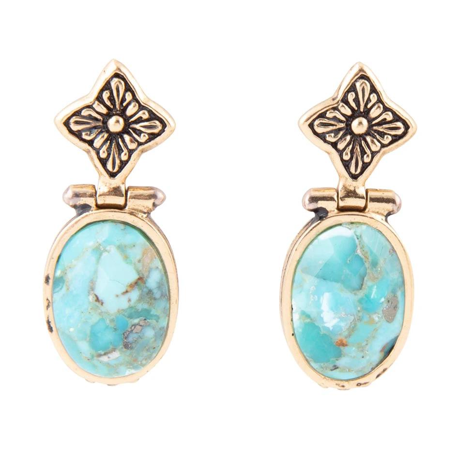 Golden Flower and Blue Turquoise Drop Earrings by Barse Jewelry