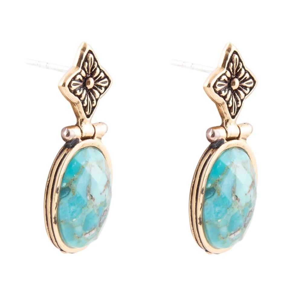 Golden Flower and Blue Turquoise Drop Earrings by Barse Jewelry