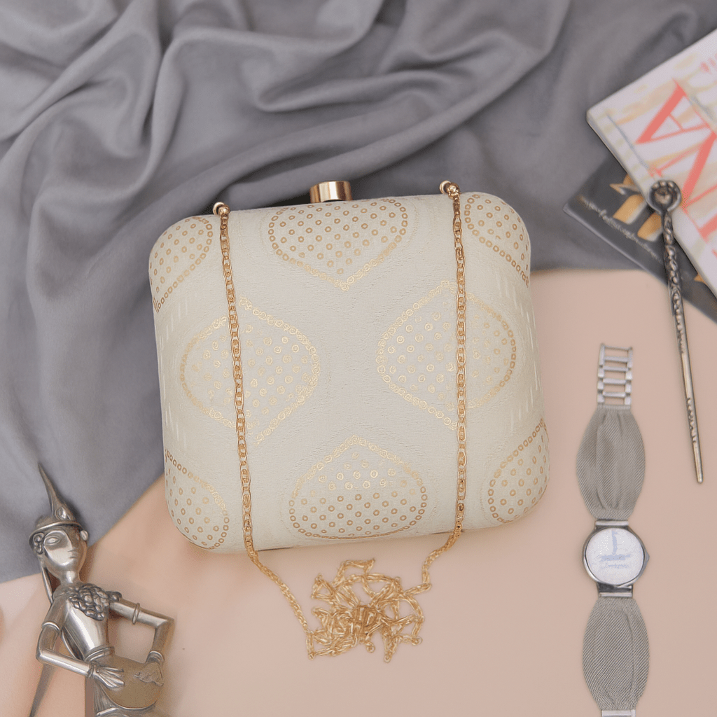 Golden Sequins And Thread Work Embroidery Clutch Clutch La Vie Bien Golden Sequins And Thread Work Embroidery Clutch