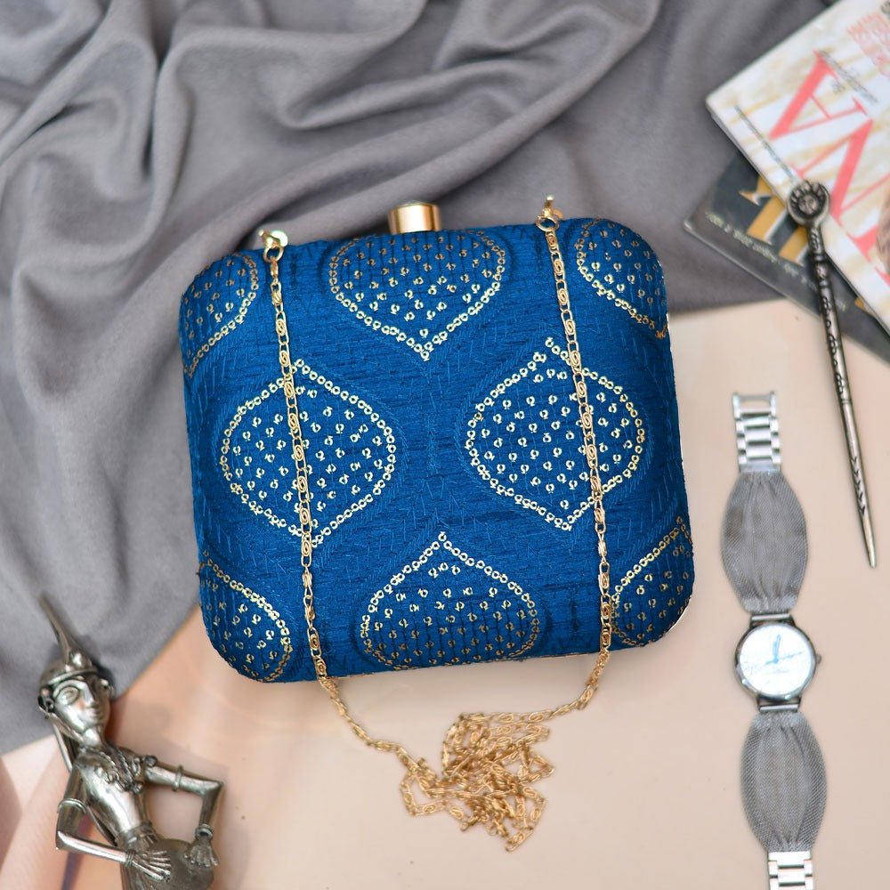 Golden Sequins And Thread Work Embroidery Clutch Clutch La Vie Bien Golden Sequins And Thread Work Embroidery Clutch