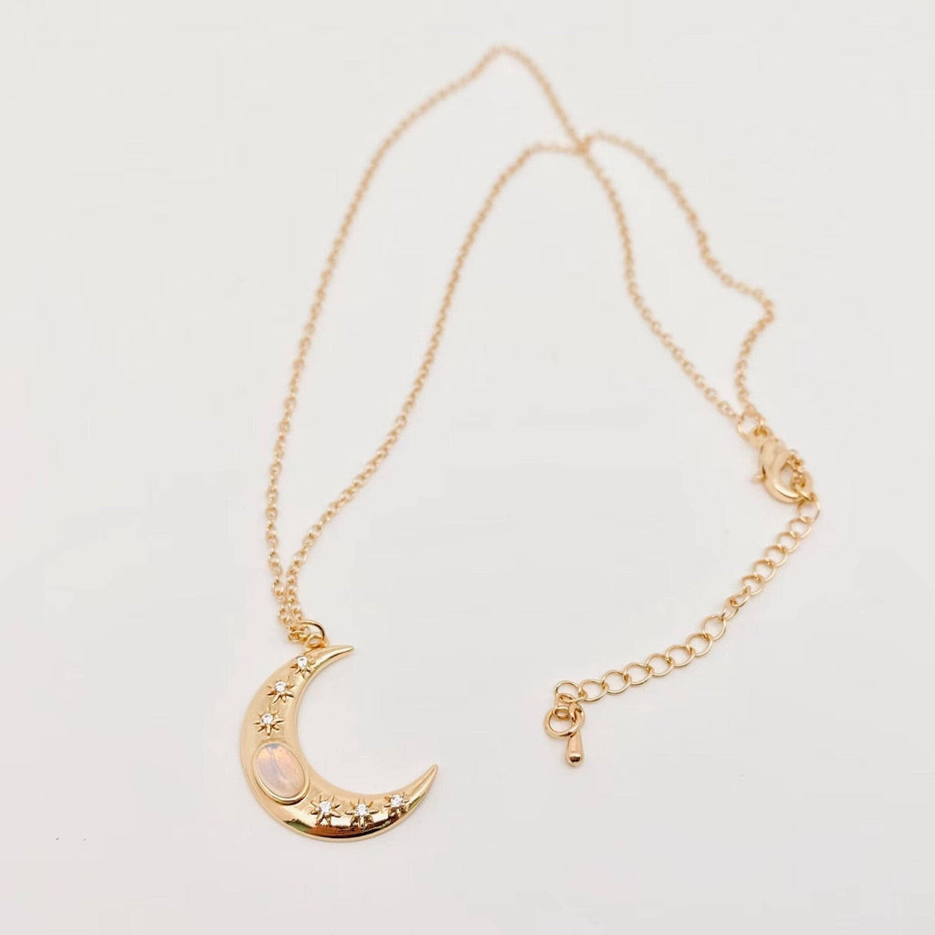 Golden Star Moon Inlaid Opal Pendant Necklace | Fashion Chain Jewelry