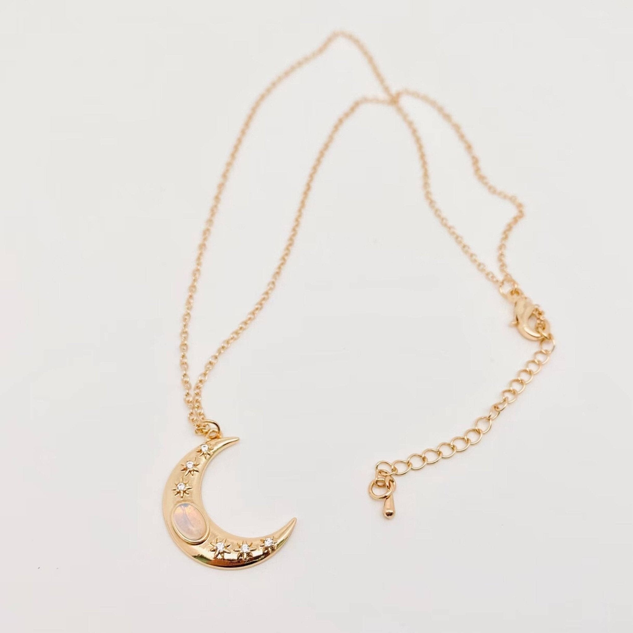 Golden Star Moon Inlaid Opal Pendant Necklace | Fashion Chain Jewelry