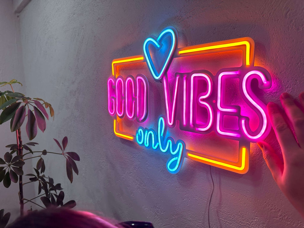 Good Vibes Only Love Neon Metal Sign, Neon Metal Wall Art by Dekadron