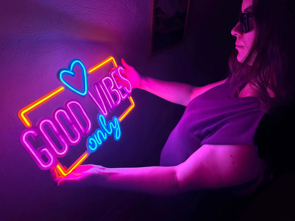 Good Vibes Only Love Neon Metal Sign, Neon Metal Wall Art by Dekadron