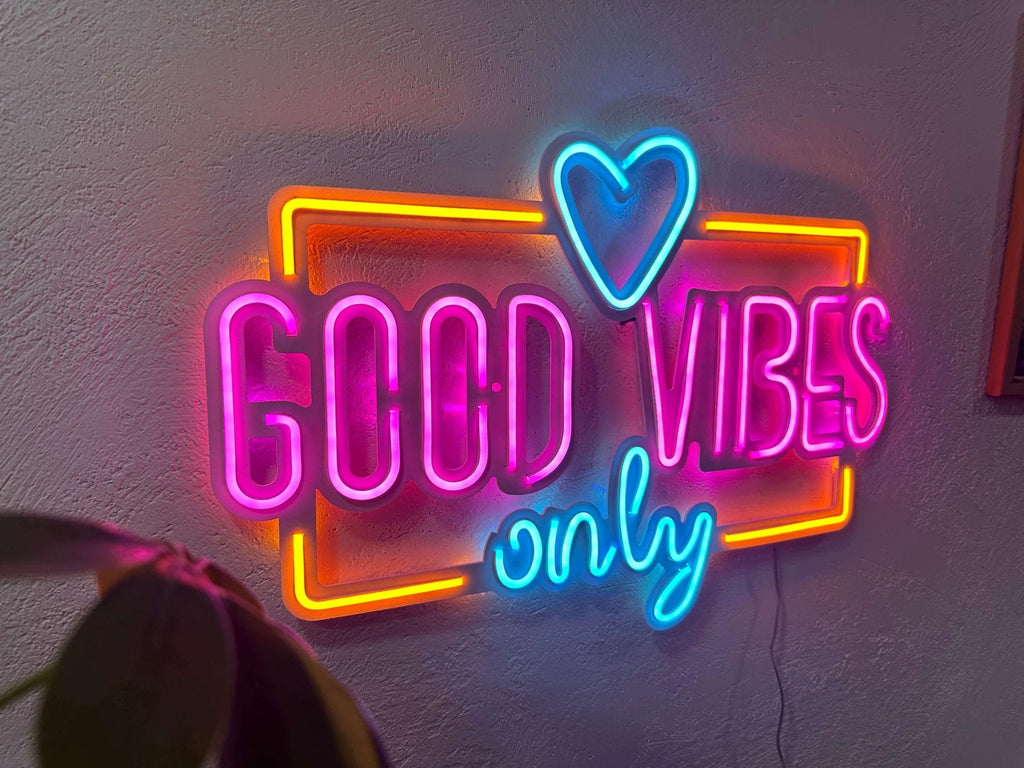 Good Vibes Only Love Neon Metal Sign, Neon Metal Wall Art by Dekadron