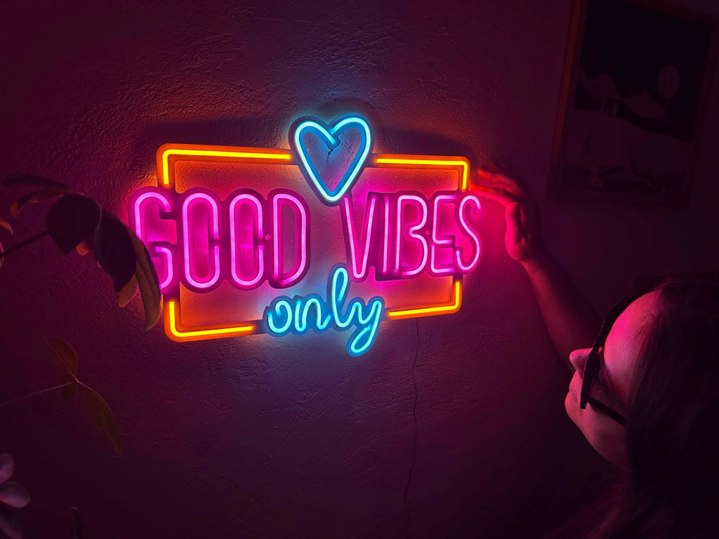 Good Vibes Only Love Neon Metal Sign, Neon Metal Wall Art by Dekadron