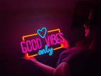 Good Vibes Only Love Neon Metal Sign, Neon Metal Wall Art by Dekadron