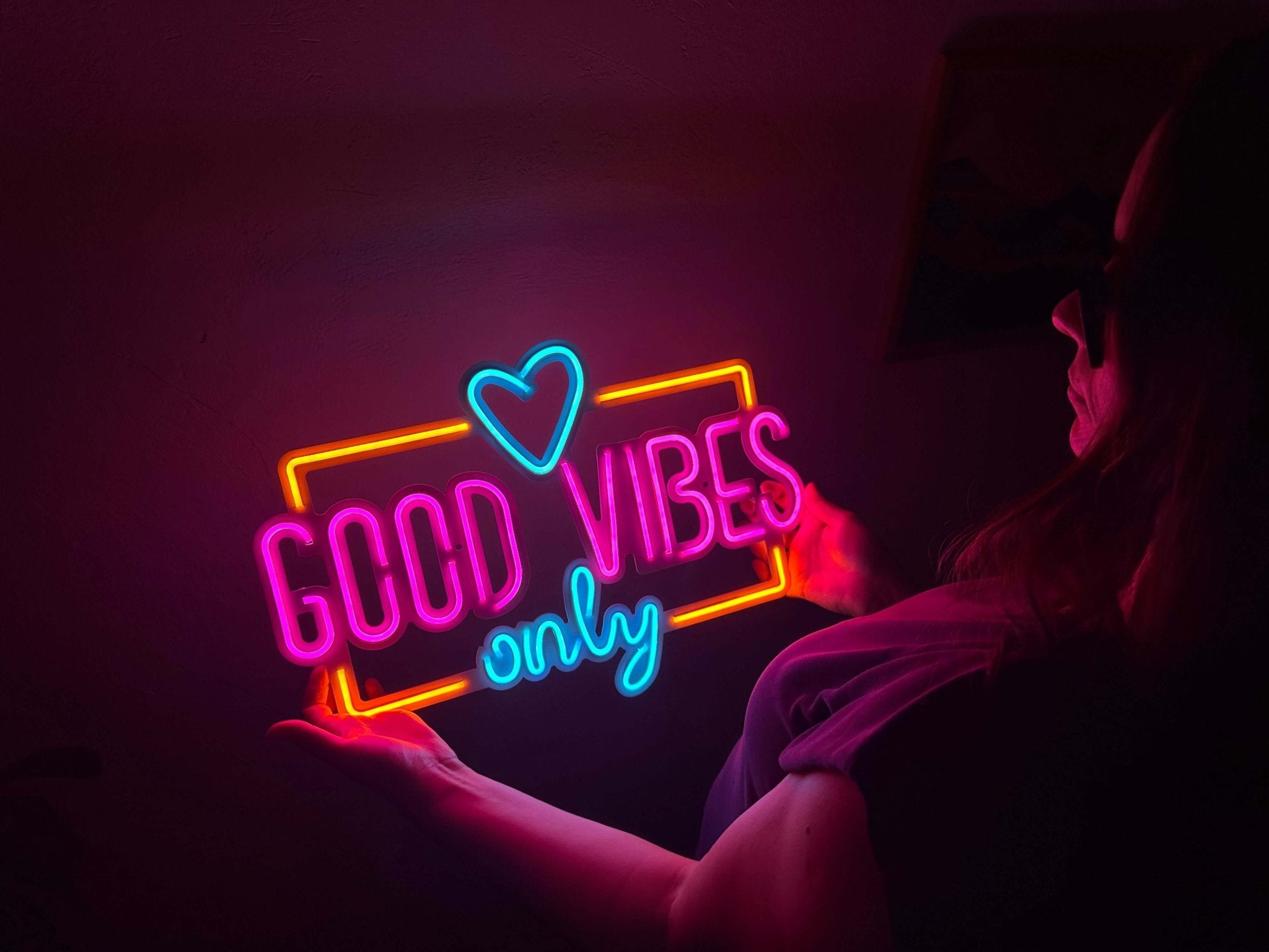 Good Vibes Only Love Neon Metal Sign, Neon Metal Wall Art by Dekadron