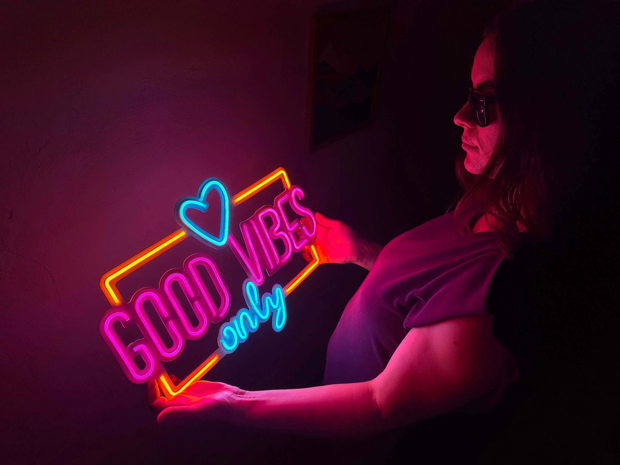 Good Vibes Only Love Neon Metal Sign, Neon Metal Wall Art by Dekadron