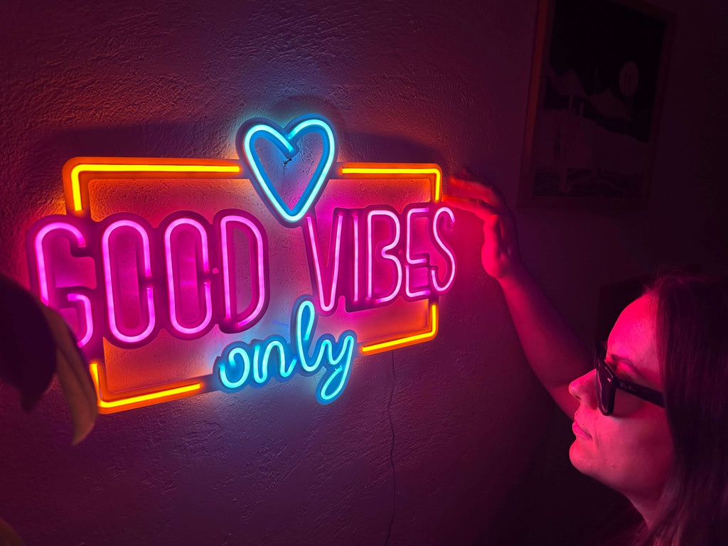 Good Vibes Only Love Neon Metal Sign, Neon Metal Wall Art by Dekadron