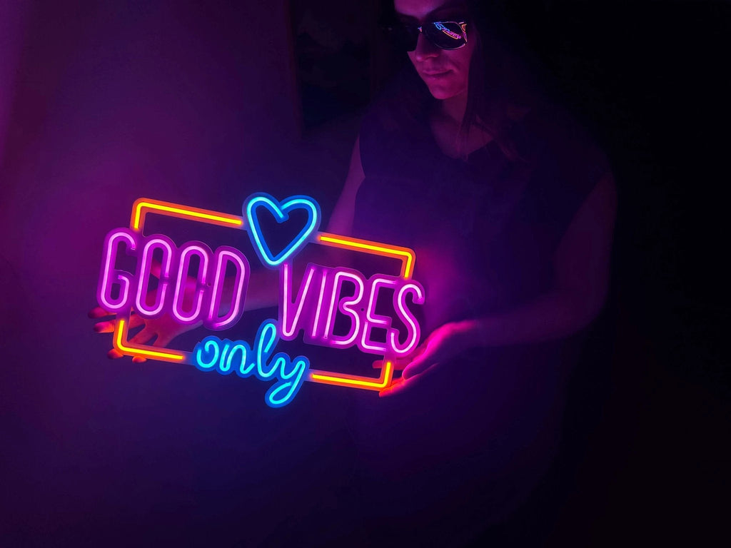 Good Vibes Only Love Neon Metal Sign, Neon Metal Wall Art by Dekadron