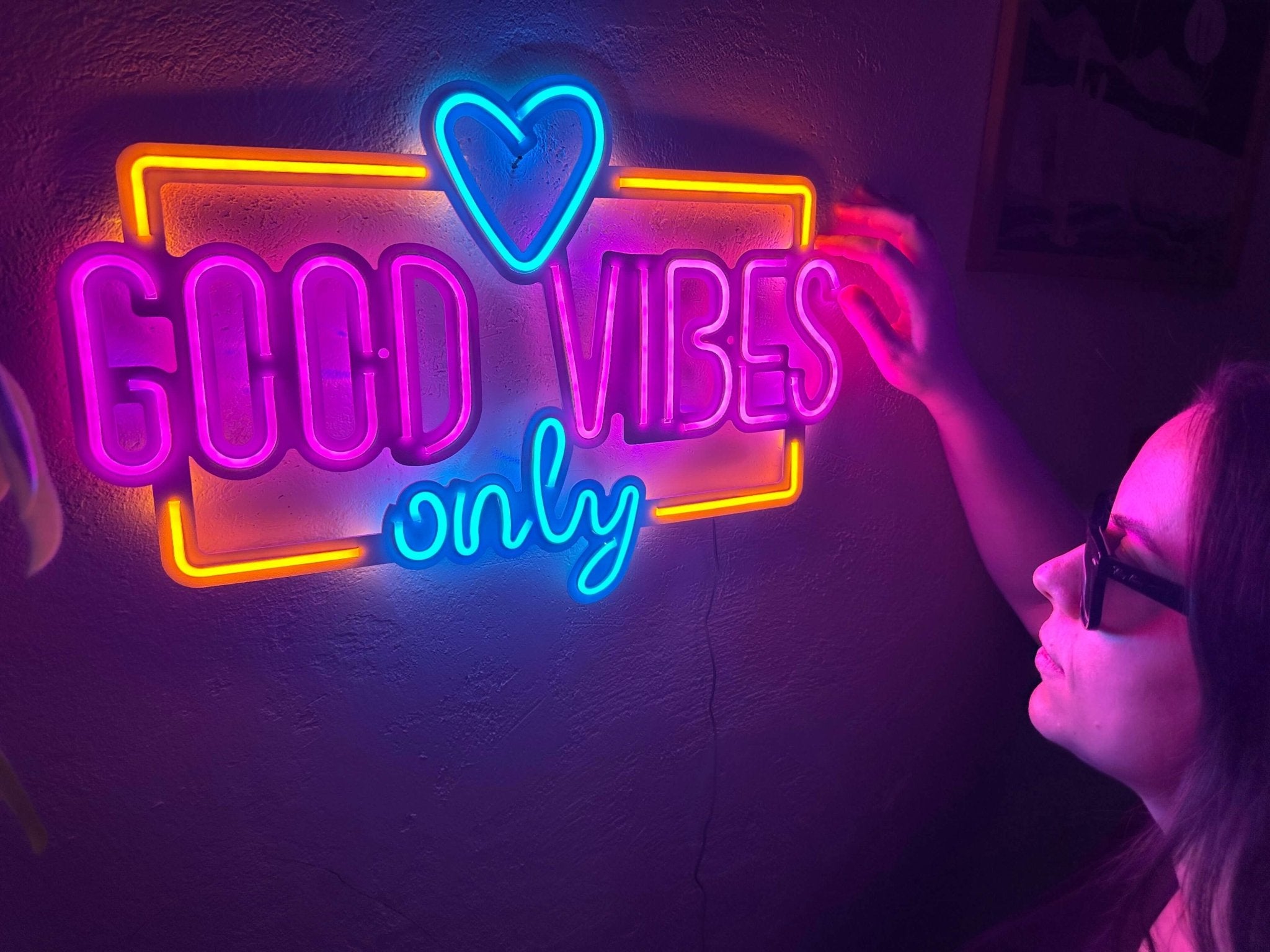 Good Vibes Only Love Neon Metal Sign, Neon Metal Wall Art by Dekadron