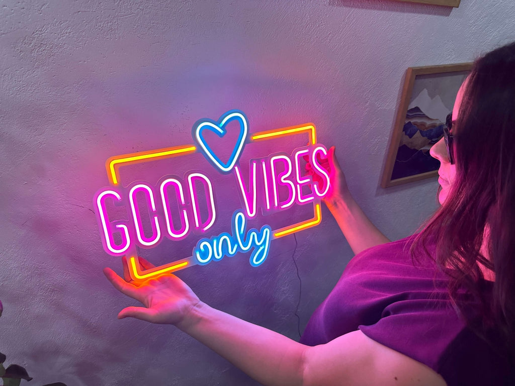 Good Vibes Only Love Neon Metal Sign, Neon Metal Wall Art by Dekadron