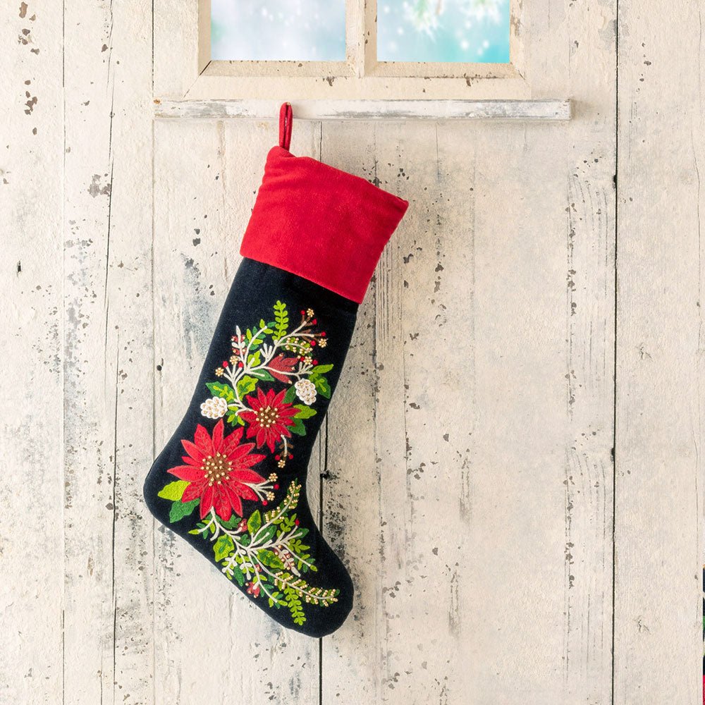 Gorgeous Embroidered Poinsettia Stocking Christmas Stocking La Vie Bien Gorgeous Embroidered Poinsettia Stocking
