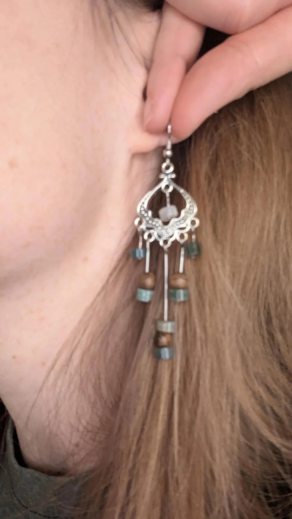 Green, Brown, White Stone bead dangle earrings Handmade Jewelry La Vie Bien Green, Brown, White Stone bead dangle earrings